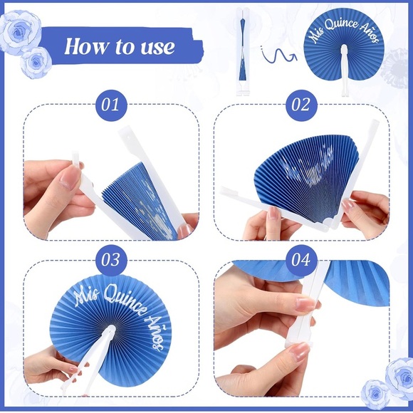 💜30 Sets Quinceanera Party Favors for Guests Folding Paper Fans Round Plastic - Picture 4 of 4